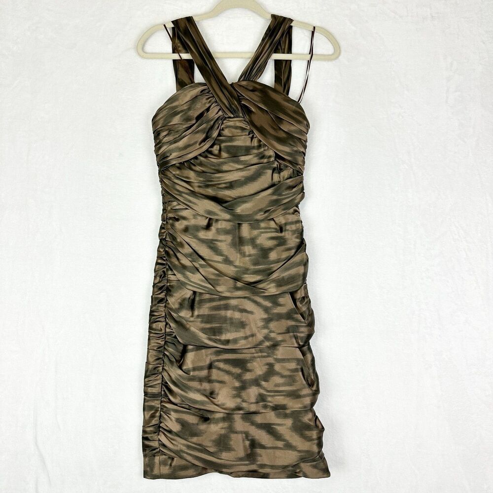 Carmen Marc Valvo Collection Silk Mini Dress Size 4 Metallic Gold Ruched Y2K